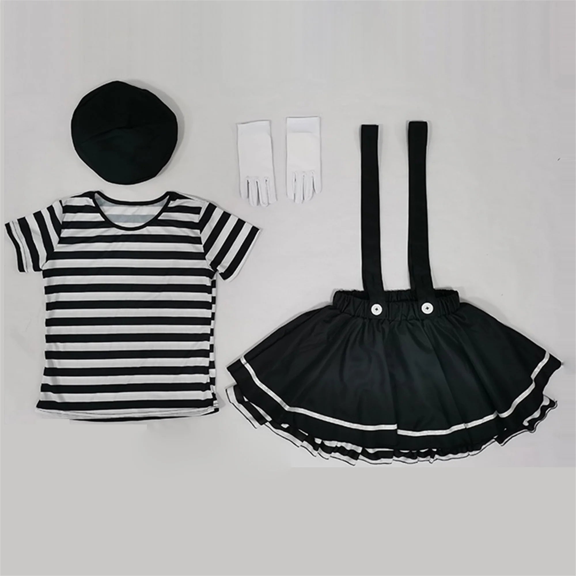 Women Clown Costumes Black White Striped Tops Suspender Skirt Gloves and Hat Set Halloween Cosplay Outfit