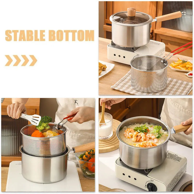 20cm Stainless Steel Deep Fryer Pot with Strainer Basket Wood Handle Mini Saucepan Soup Pot Milk Pan Cooking Pot Induction Safe