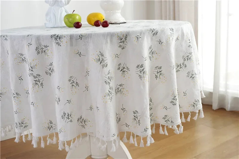 Circular Table Cover for Kitchen Dinning Room Tabletop Decor Round Tablecloth Cotton Table Cloth with Tassel Dust-Proof Floret