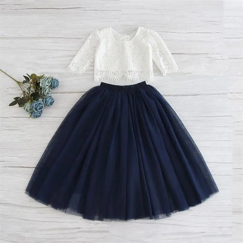 Children Set Clothing for Girls Half Sleeve Lace Top+Champagne Pink Long Skirt Kids Clothes 0-10T E17121