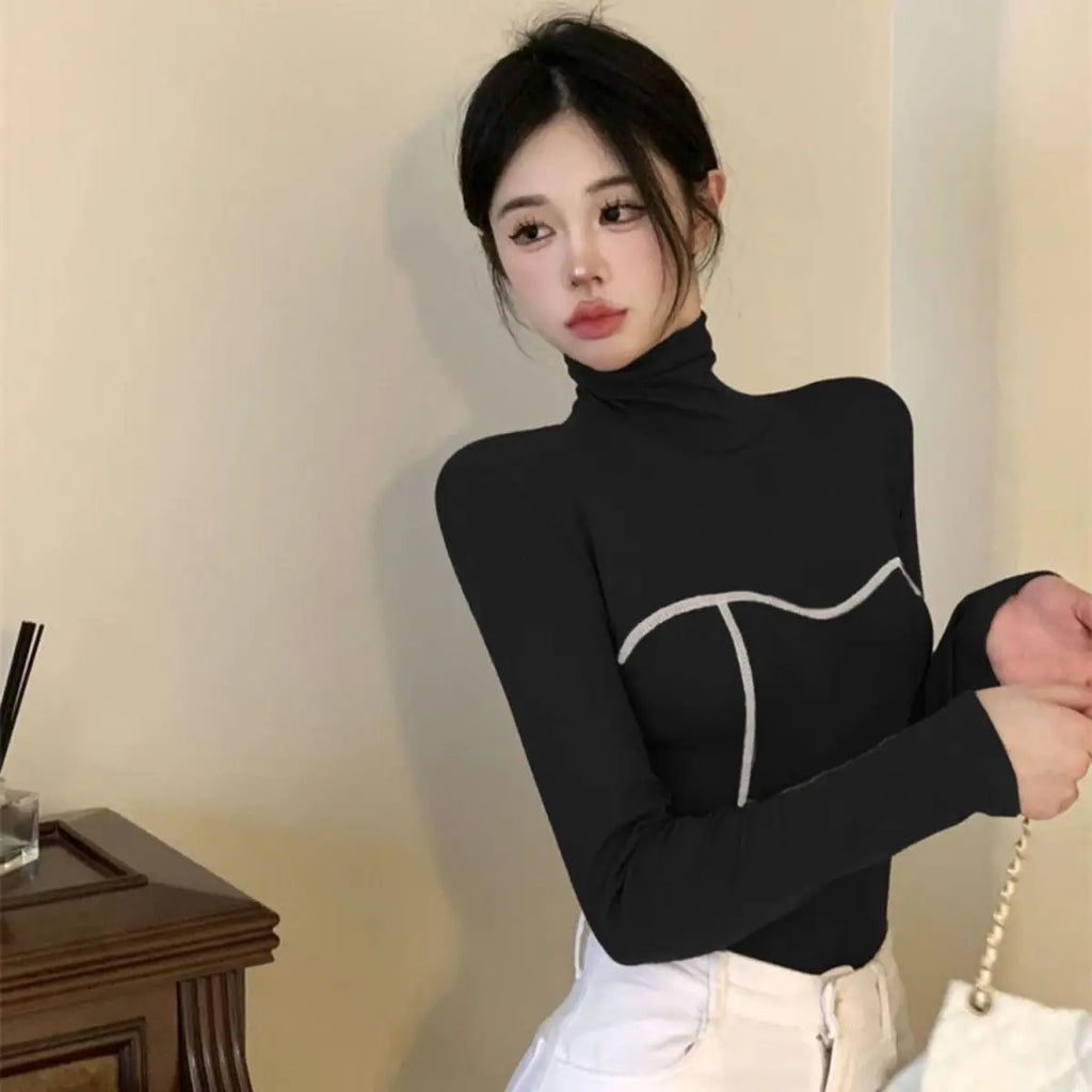 Women's Clothing Autumn Winter Korean Fashion High Collar Y2K Sexy Basic T-shirts Elegant Chic Black White Long Sleeve Slim Tops