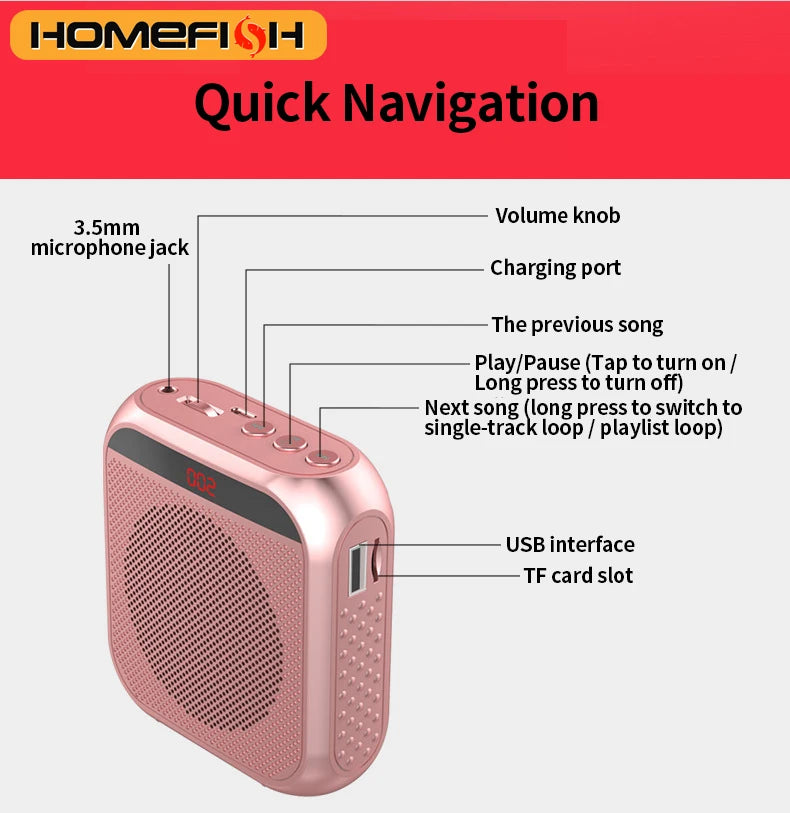 Portable speaker, voice and audio amplifier with microphone, tour guide, shopping mall hawking, teacher, teaching speaker, playe