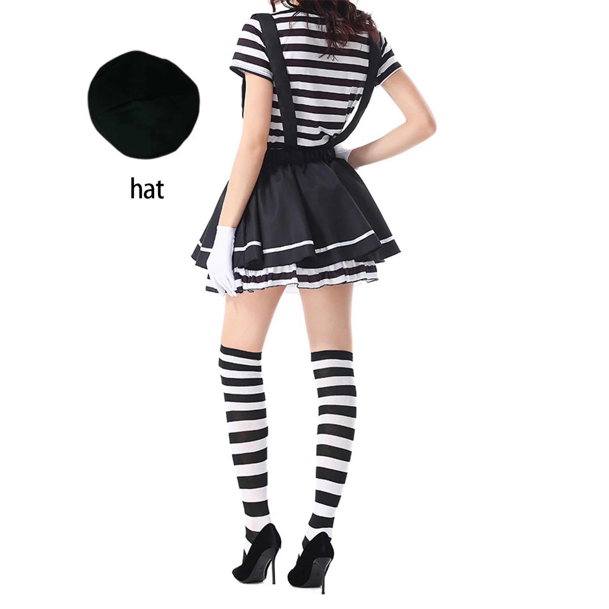 Women Clown Costumes Black White Striped Tops Suspender Skirt Gloves and Hat Set Halloween Cosplay Outfit