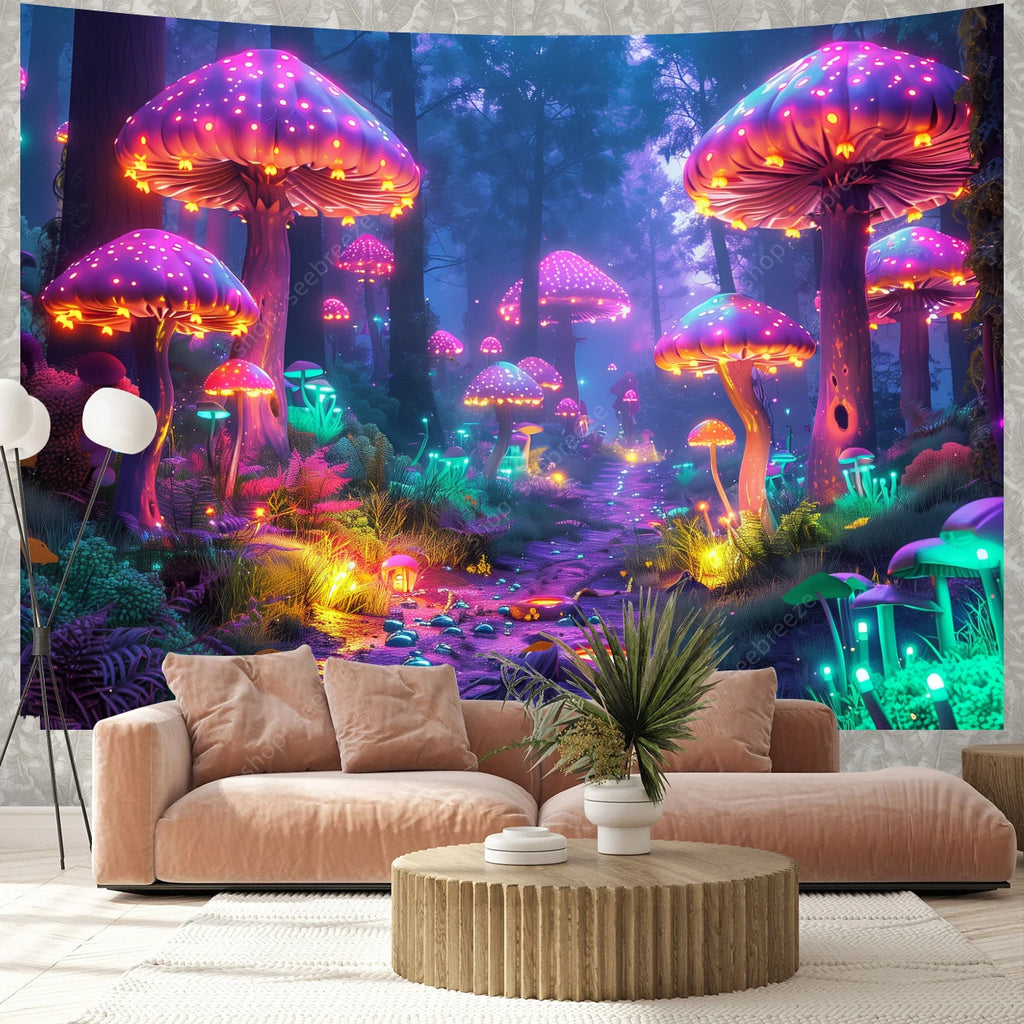 Fantasy Mushroom UV Reactive Tapestry Beautiful Floral Plant Tapestry Wall Hanging Gothic Home Wall Decor Room Decor Aesthetic