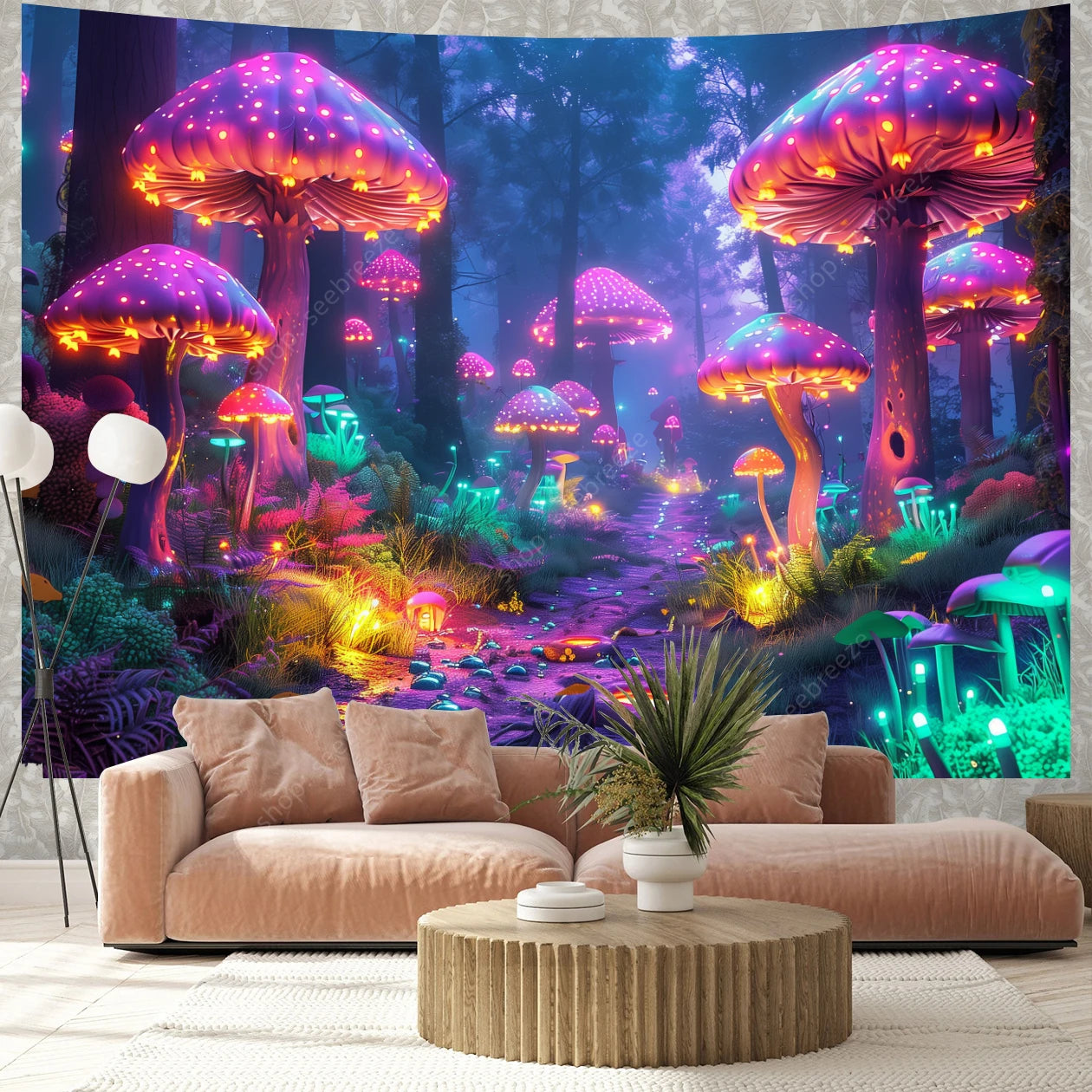 Fantasy Mushroom UV Reactive Tapestry Beautiful Floral Plant Tapestry Wall Hanging Gothic Home Wall Decor Room Decor Aesthetic
