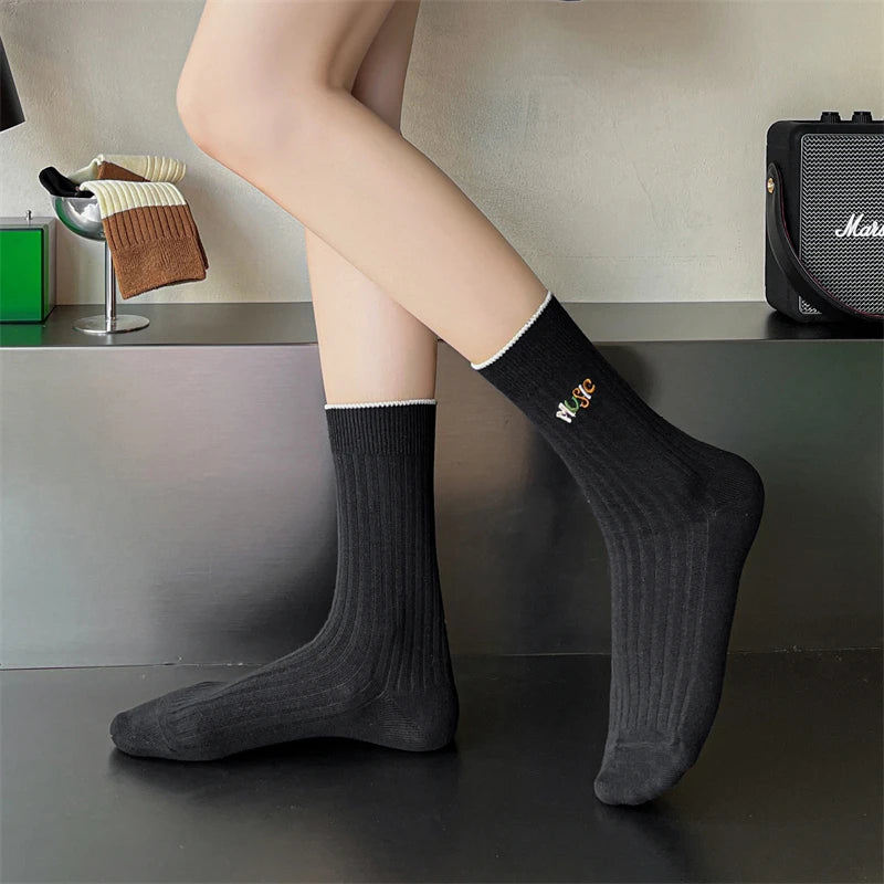 Socks For Women New Fashion Autumn Striped Cotton Long Socks Breathable Soft Korean Style Cute Embroidery Girls Casual Comfort