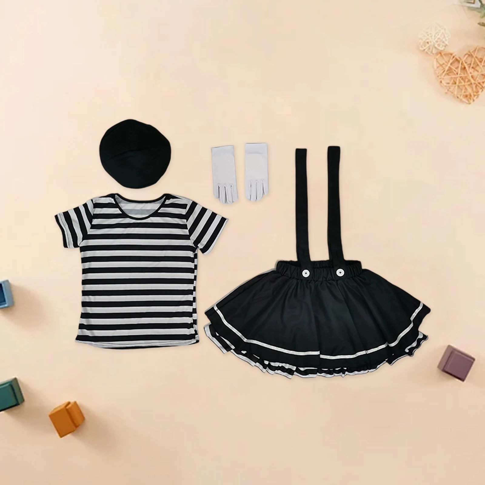 Women Clown Costumes Black White Striped Tops Suspender Skirt Gloves and Hat Set Halloween Cosplay Outfit