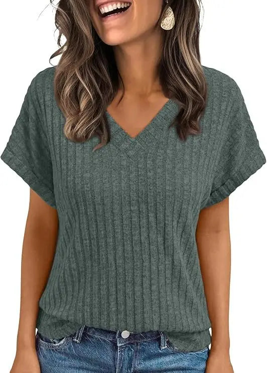 Women's Clothing Europe America All-match Knit T-shirt Summer 2025 New Casual Loose V-neck Short Sleeve Pullover Lady Solid Tops