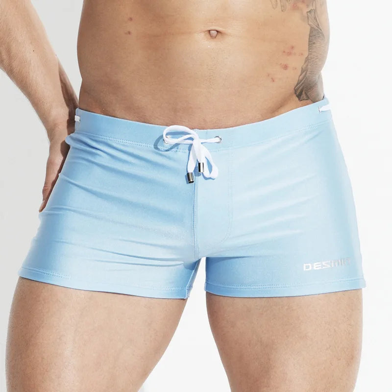 Mens Swimming Trunks Retro Solid Color Mid Waist Beach Shorts Tight Fitting Breathable Swimwear Swim Briefs Surf Boardshorts