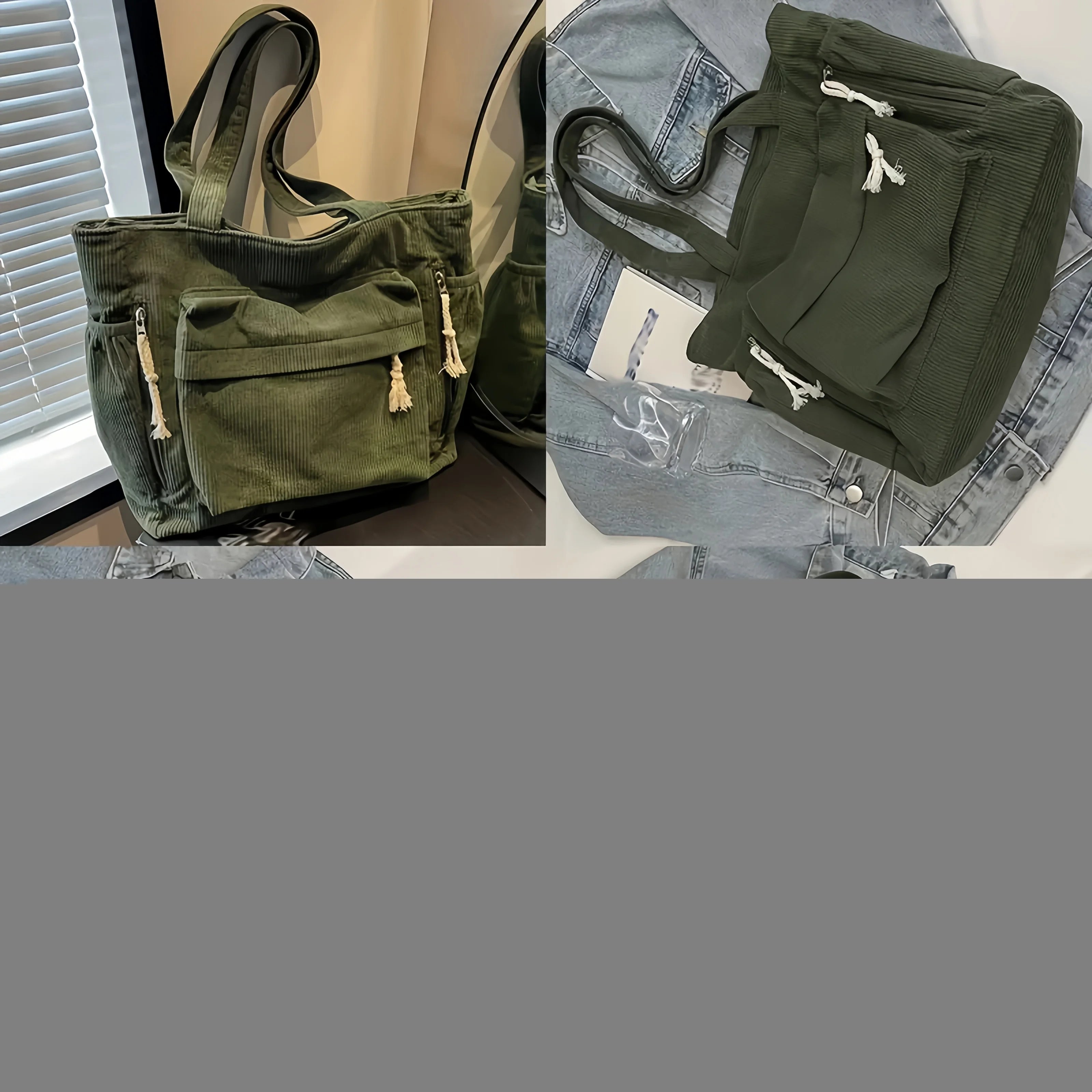 Vintage Corduroy Handbag Shoulder Bag with Multiple Pockets, Fixed Straps, Zipper Closure, Ideal for Outing, Commuting, Travel