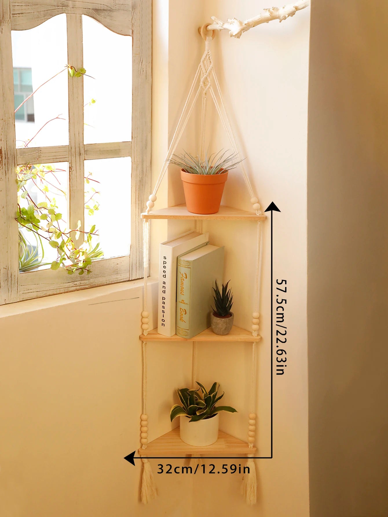 Macrame Hanging Shelf Boho Wall Hanging Handmade Rope Rustic Wood Floating Shelves Hanging Corner Wall Shelf Bedroom Decor Gifts