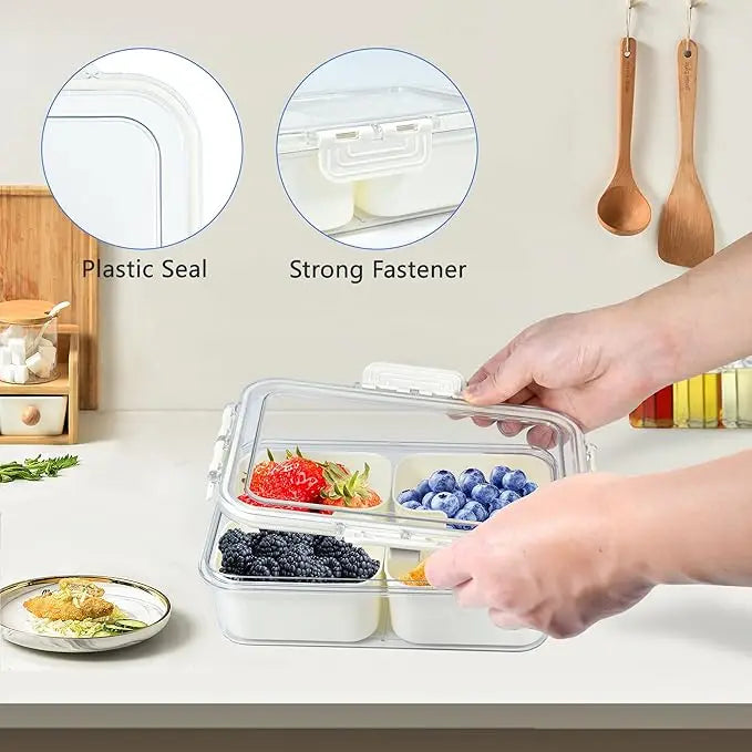 Snack Box Container, 4 Compartments Divided Serving Tray with Lid, Snackle Box Container, Snack Organizer for Fruit, Veggie, Per