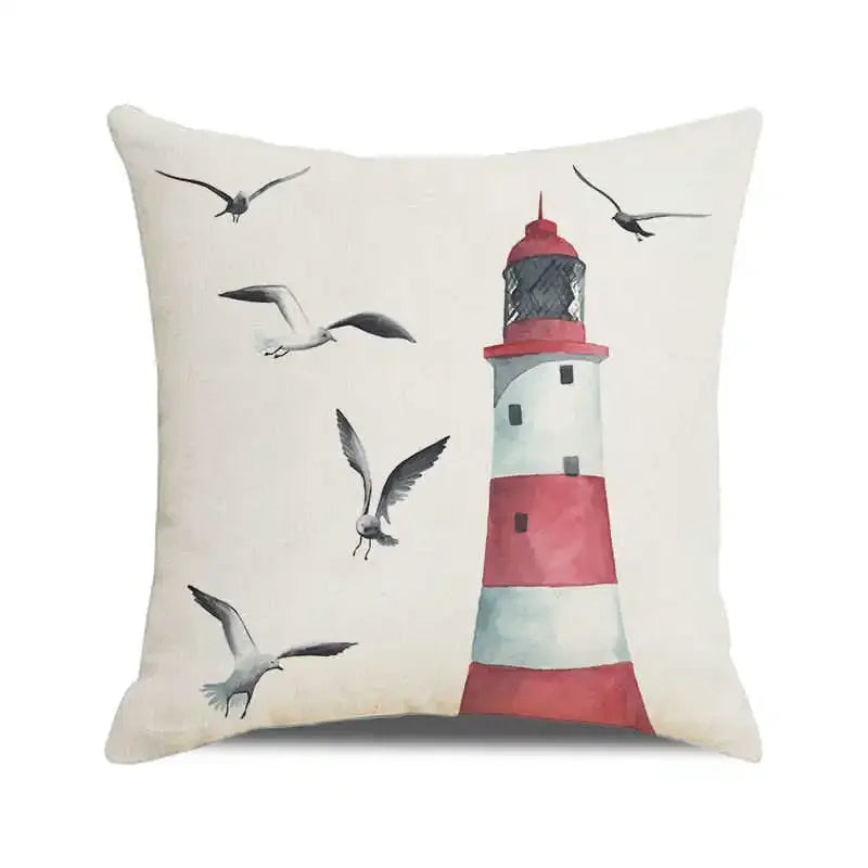 Throw Pillow Cover Watercolor Lighthouse Navigation Ocean Seagull Boat Home Sofa Cushion Cover Home Decor Pillowcase 40x40 Cm