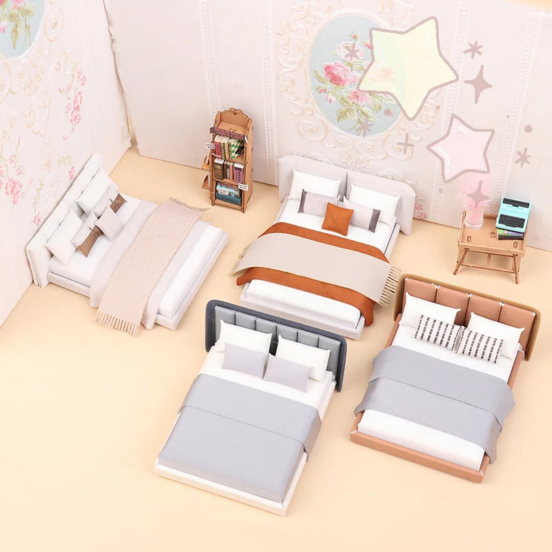 Dollhouse Cream Color Double Bed Model For Bedroom Micro Landscape Scene Miniature Furniture Doll Accessories
