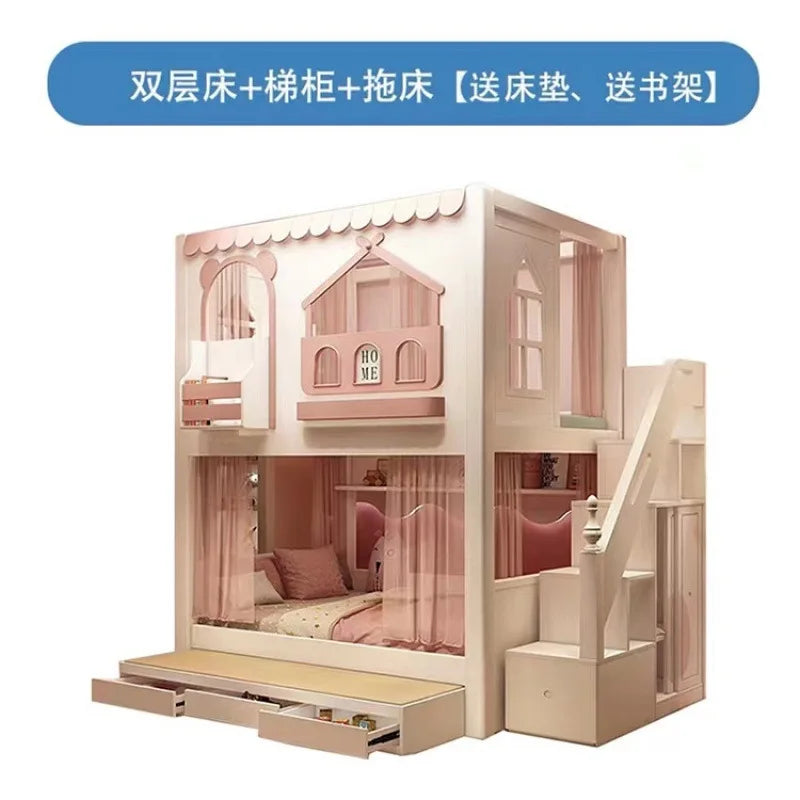 Customizable girl princess bunk bed two-story high-low sister high guardrail slide elevated bed