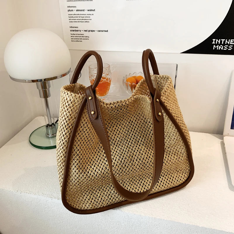 Summer Large Beach Bag Ladies Designer Tote Straw Woven Hollow Shoulder Out Soft Large Capacity Vacation Shopping Handbag Purse