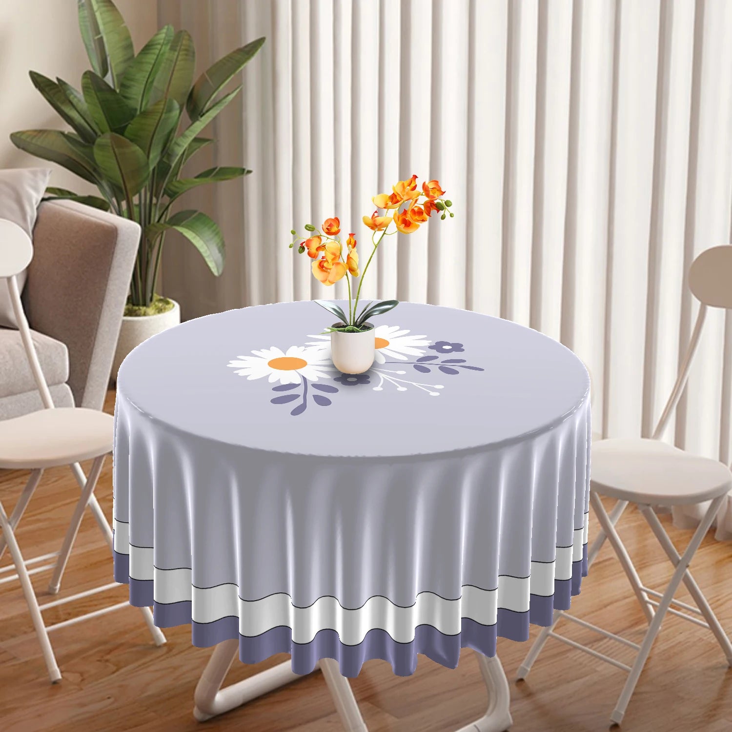 1 Piece Black White Checkered Circular Tablecloth Waterproof Dining Table Cover Lemon Bohemian Style 63 inch Tablecloth