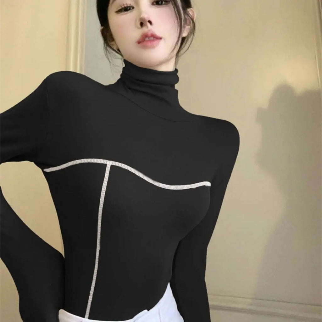 Women's Clothing Autumn Winter Korean Fashion High Collar Y2K Sexy Basic T-shirts Elegant Chic Black White Long Sleeve Slim Tops