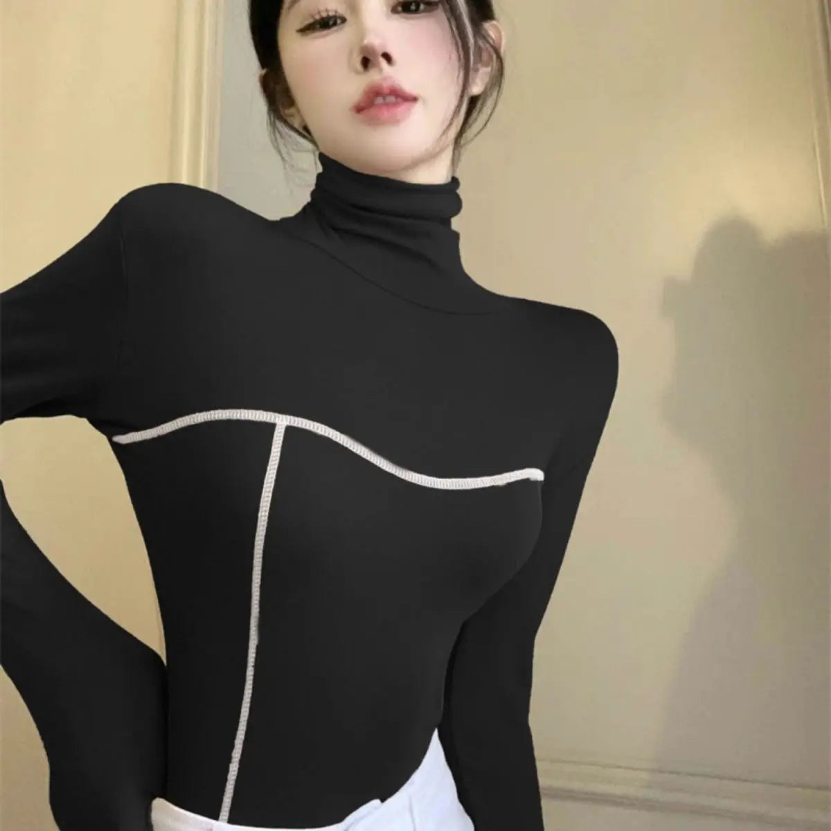 Women's Clothing Autumn Winter Korean Fashion High Collar Y2K Sexy Basic T-shirts Elegant Chic Black White Long Sleeve Slim Tops