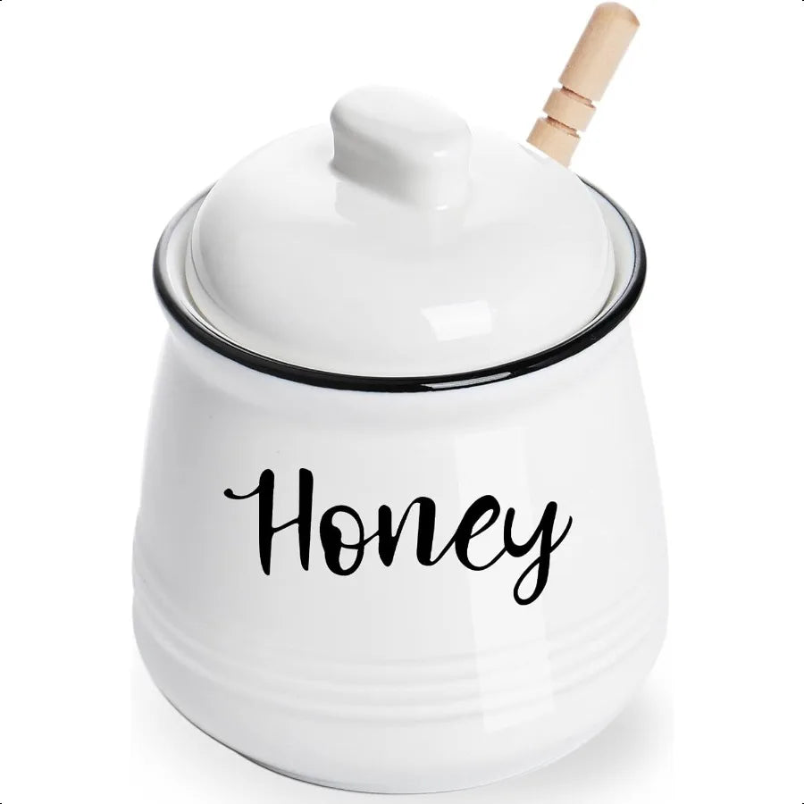 Farmhouse Porcelain Honey Jar with Dipper and Lid Set 12ozEasy to Clean White