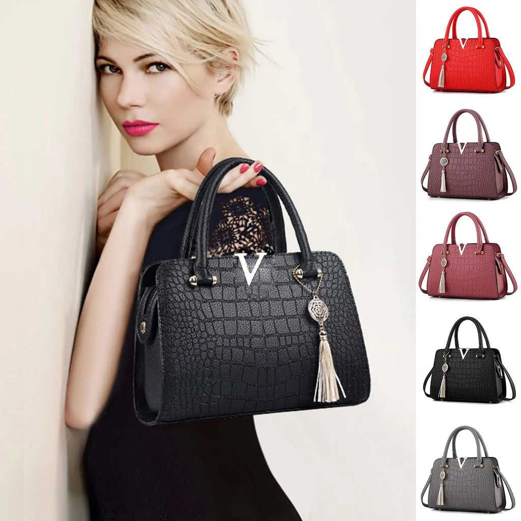 Women's Crocodile-Print Handbag New PU Leather Tassel Shoulder Bag Large Capacity Handle Bag Lady Purse For Outdoor Shopping