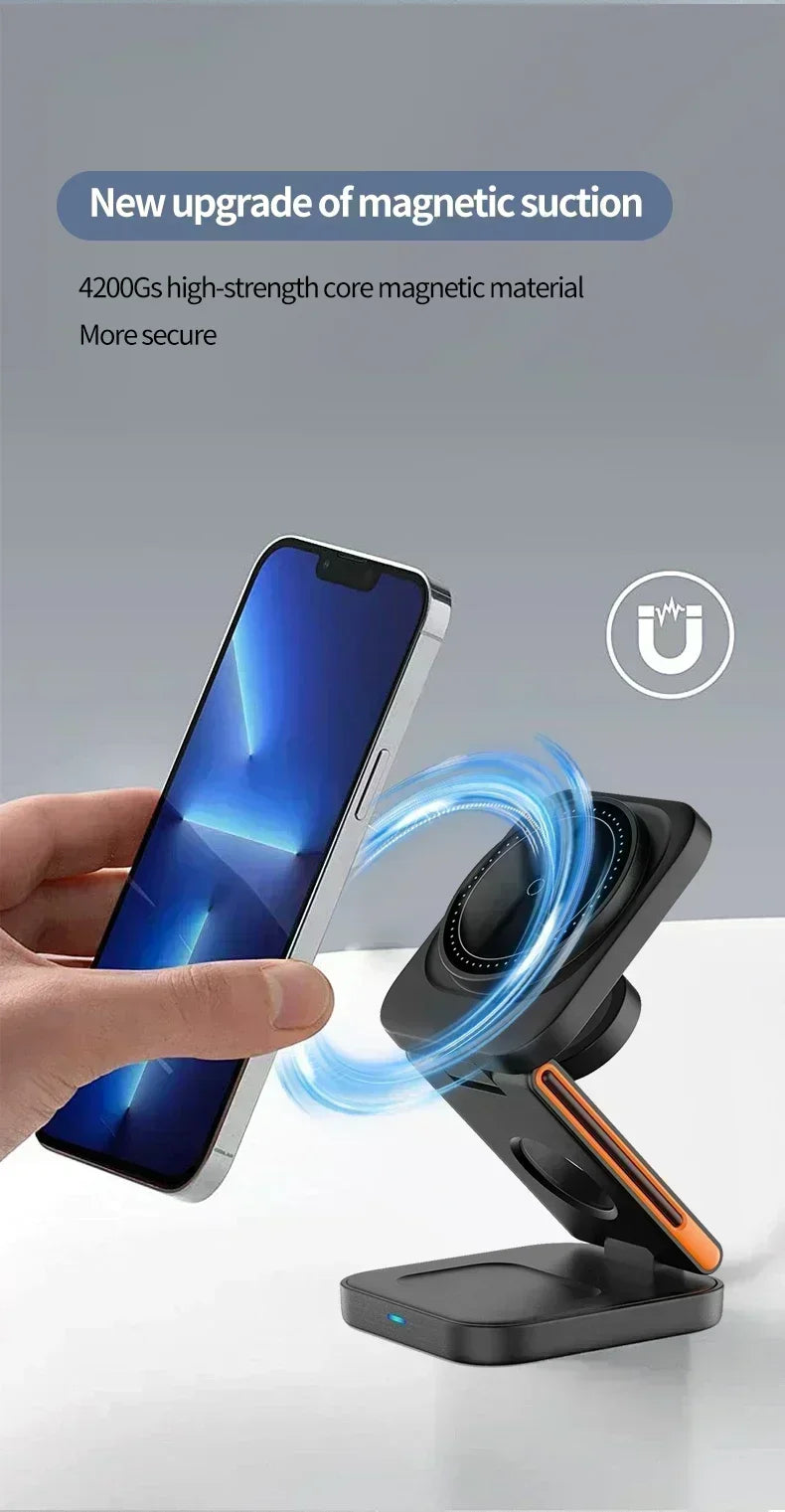 3 in 1 Fast Charging Station Foldable Magnetic Wireless Charger Stand for iPhone 17 16 15 14 13 12 iWatch 10-2 Airpods Pro Max