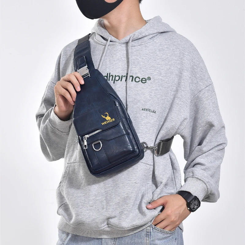 New PU Leather Crossbody Bag Vintage Casual Chest Bag Men Women Large Capacity Waterproof Sling Bag Simple Business Shoulder Bag