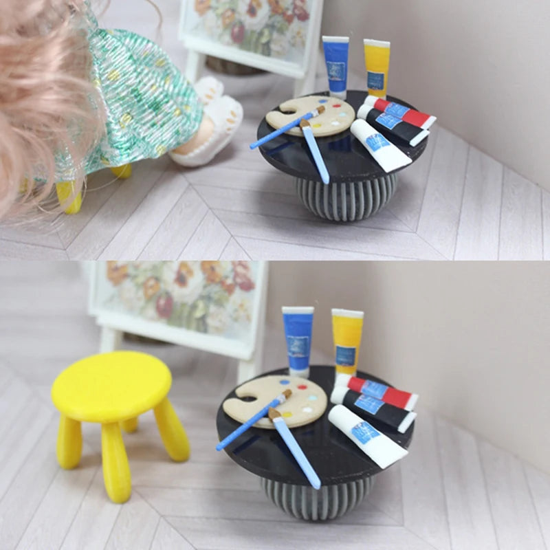 1/12 Mini Dollhouse Art Supplies; Pigment Tube, Brush, Palette Model; Ideal Dolls House Draw Room Decoration Accessories