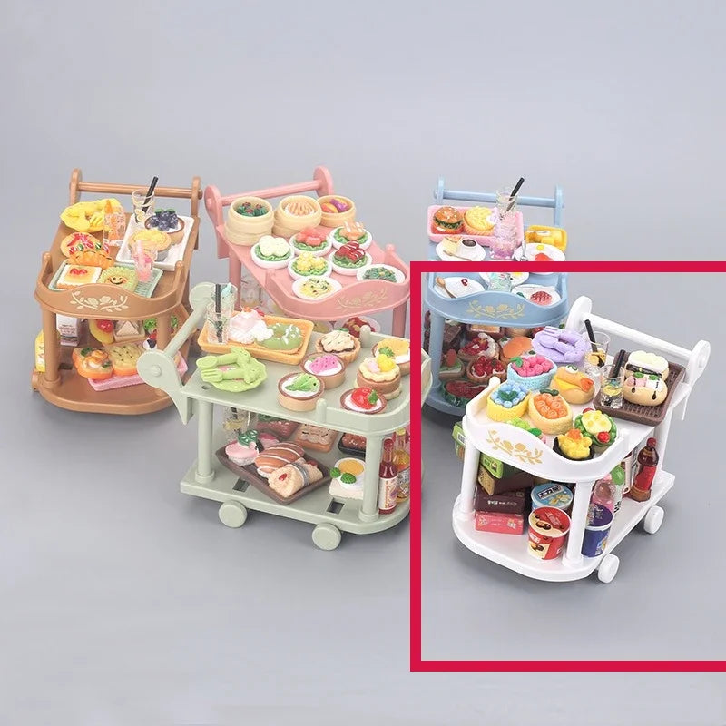 Dollhouse Food Carts Trolley with Mini Food 1set Dinnerware Drink Miniature House Toy Kitchen Scene Doll Accessories Home Decor