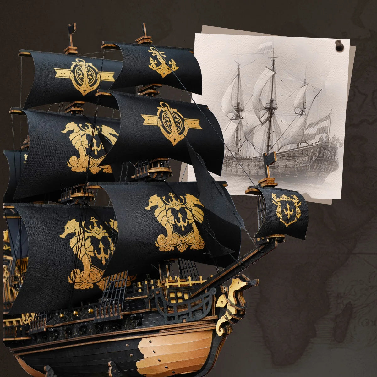 Robotime ROKR The Seahorse Barque Pre-colored Baroque-era Warship for Adult Gifts for Family Building Block Kit 3D Wooden Puzzle