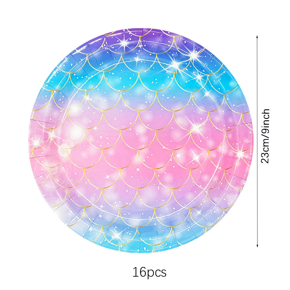 Mermaid Disposable Tableware Set Little Mermaid Paper Plates Cup Napkin Tablecloth Mermaid Birthday Party Decoration Girl
