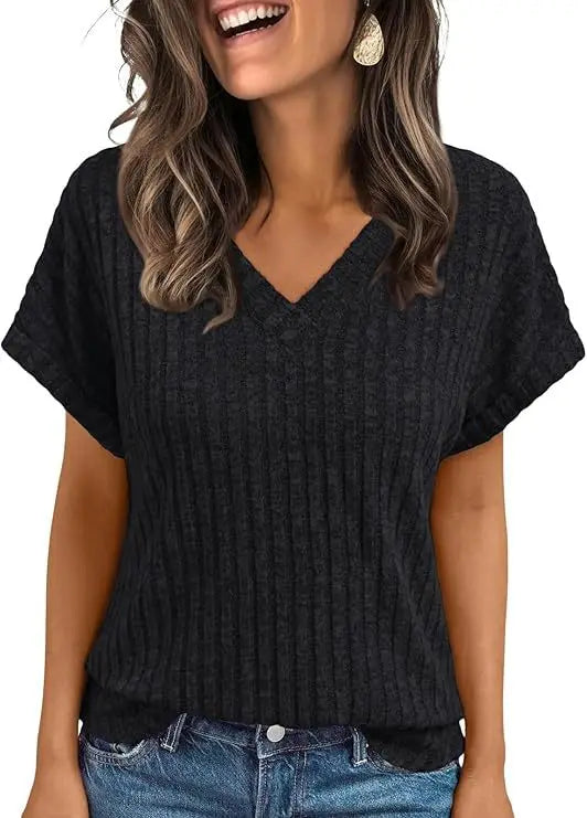 Women's Clothing Europe America All-match Knit T-shirt Summer 2025 New Casual Loose V-neck Short Sleeve Pullover Lady Solid Tops