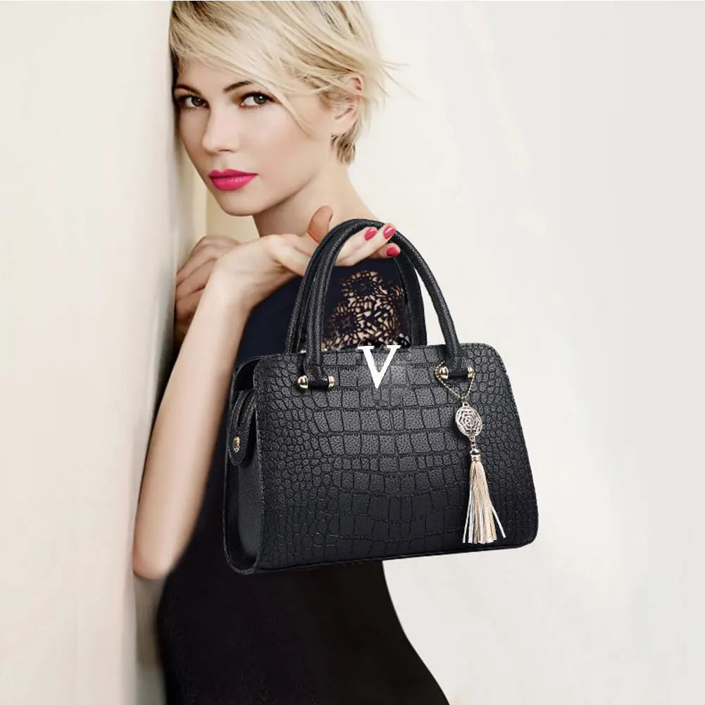 Women's Crocodile-Print Handbag New PU Leather Tassel Shoulder Bag Large Capacity Handle Bag Lady Purse For Outdoor Shopping