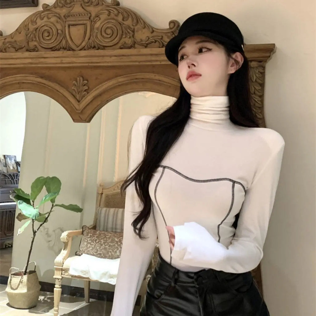 Women's Clothing Autumn Winter Korean Fashion High Collar Y2K Sexy Basic T-shirts Elegant Chic Black White Long Sleeve Slim Tops