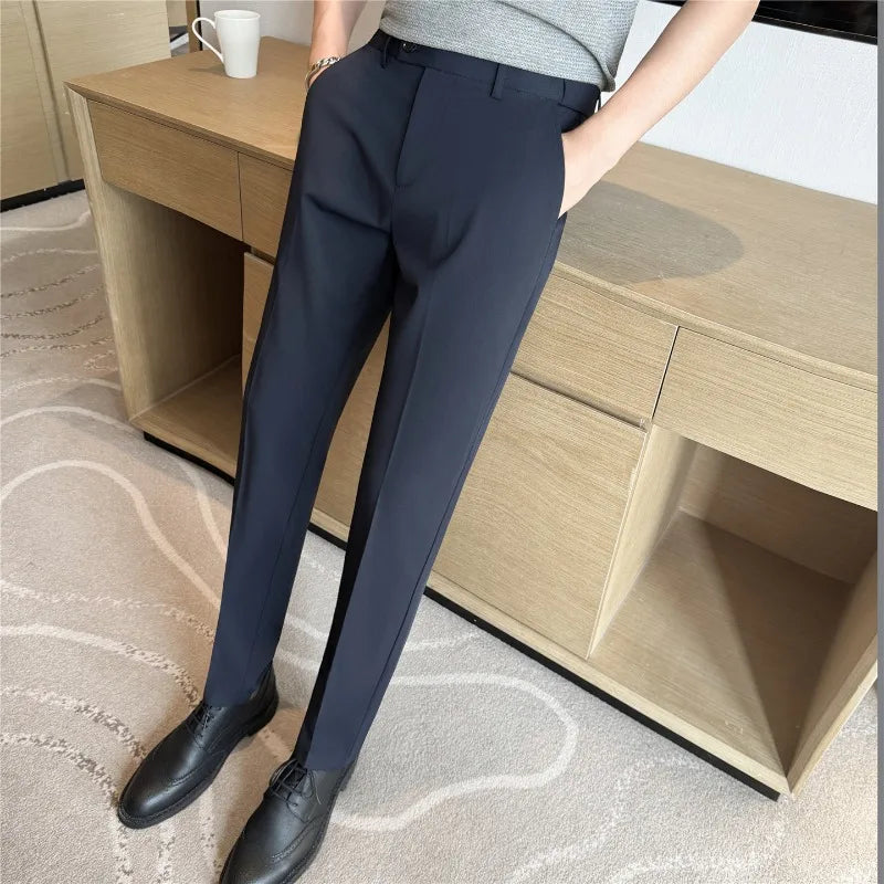 Men Suit Pant Elastic Waist Solid Slim Fit Dress Pants Light Thin Business Casual Office Social Trouser Oversized Men Clothing