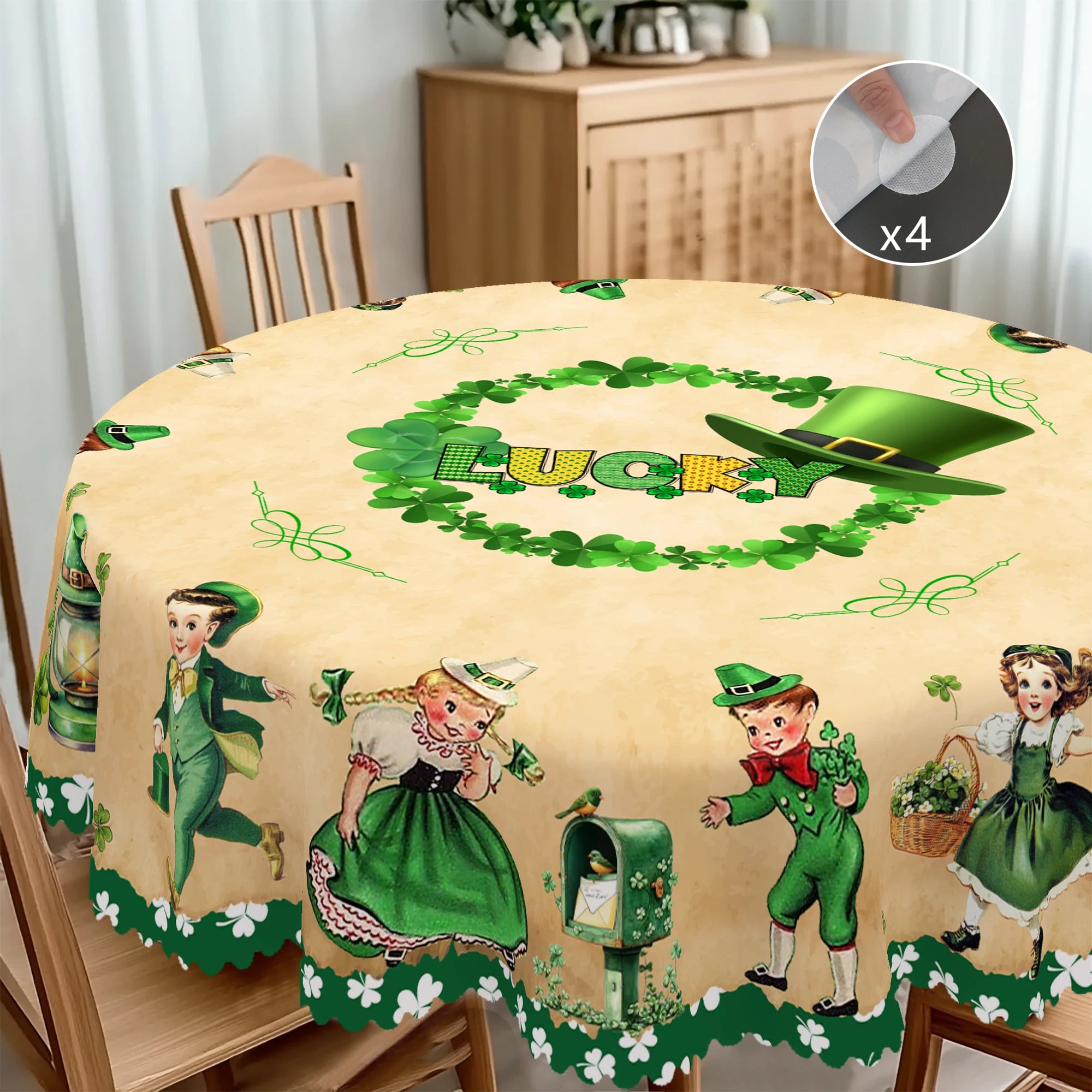 1 Piece of St. Patrick's Day Square Tablecloth, 5 Sizes Available, Dancing Irish Children's Printed Tablecloth, Green Lucky Four-Leaf Clover Round Tablecloth, Edge Embossing Process, Spring Garden Tablecloth Decoration, Table