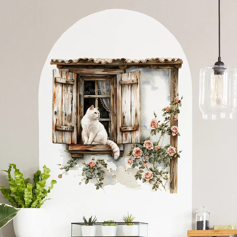 Cartoon Cat Window Wall Sticker Living Room Sofa Background Decoration Wallpaper For Home Decor Kids Room Art Decals M984