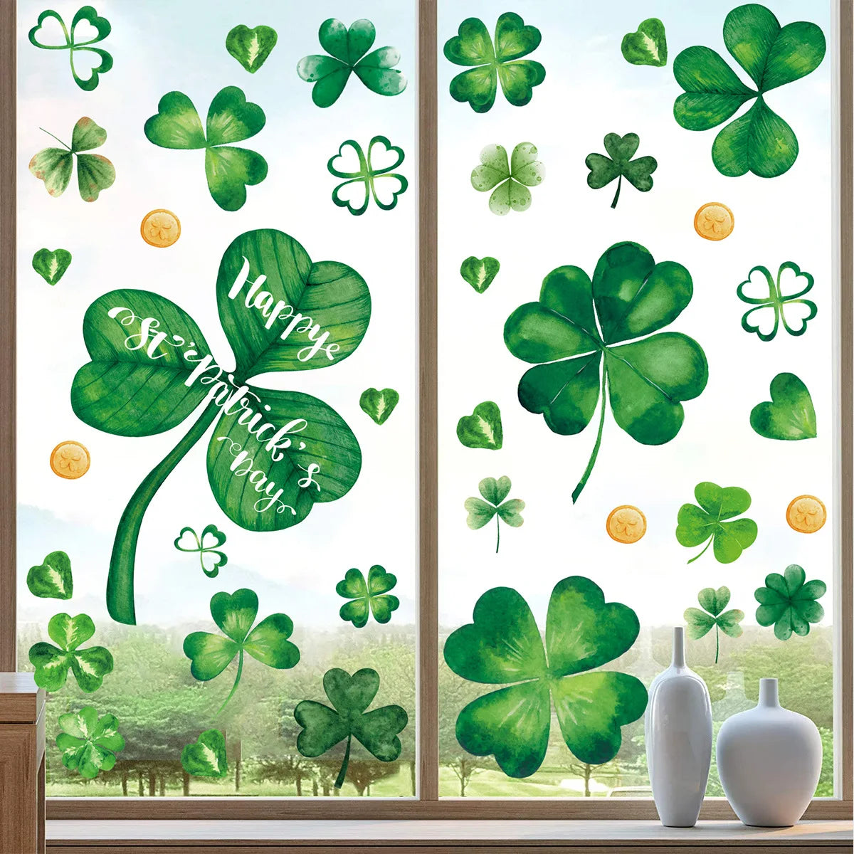 1/5Pc St. Patrick's Day Theme Double-Side Window Stickers Shamrock Wall Sticker for Home Irish Saint Party Background Decoration