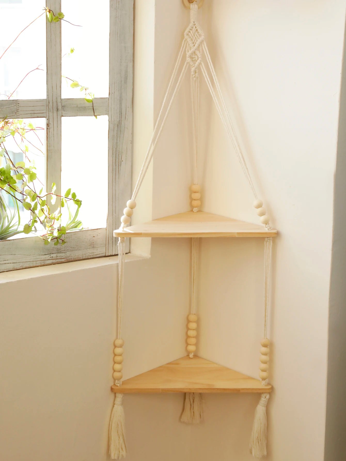 Macrame Hanging Shelf Boho Wall Hanging Handmade Rope Rustic Wood Floating Shelves Hanging Corner Wall Shelf Bedroom Decor Gifts