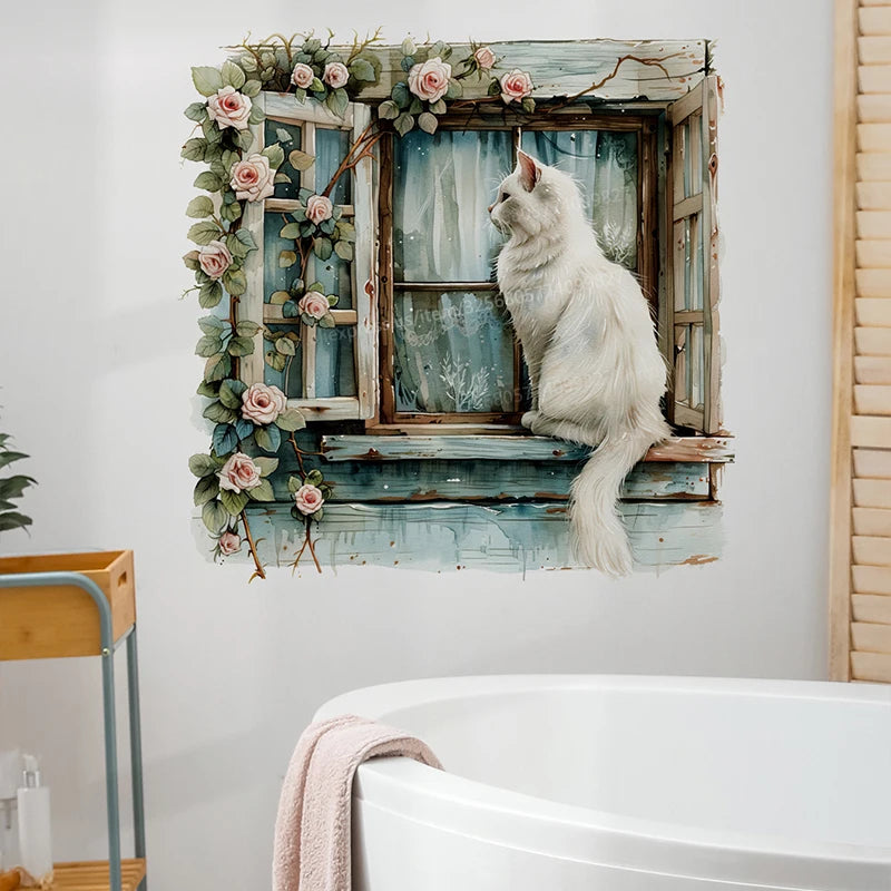 Cartoon Cat Window Wall Sticker Living Room Sofa Background Decoration Wallpaper For Home Decor Kids Room Art Decals M984
