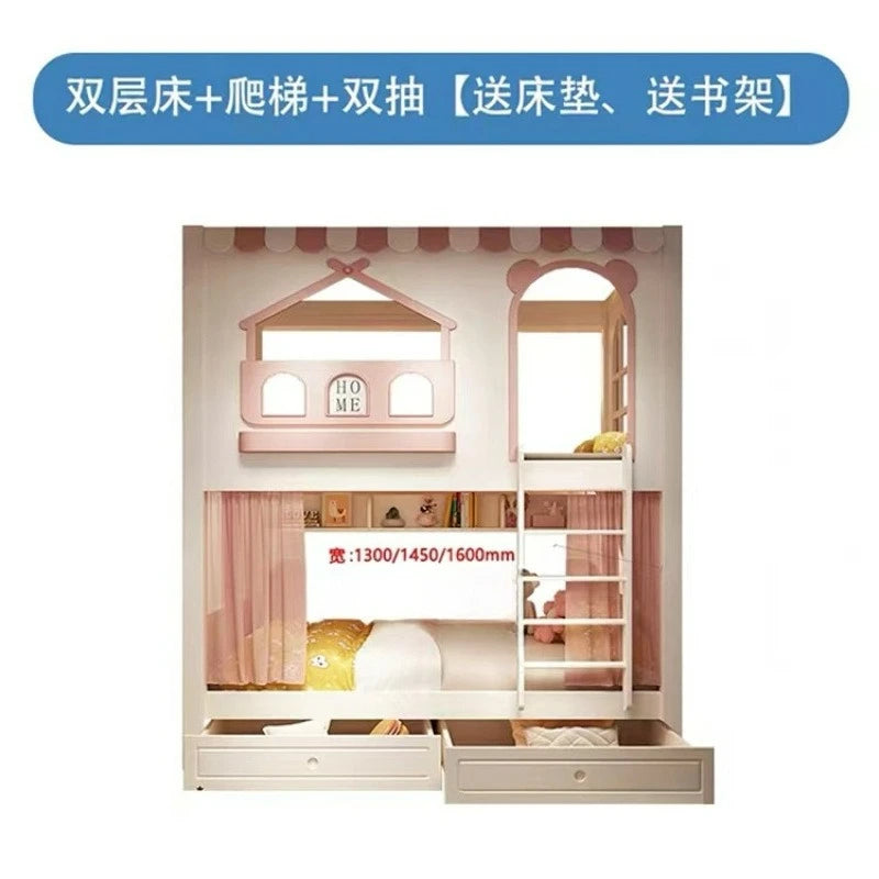 Customizable girl princess bunk bed two-story high-low sister high guardrail slide elevated bed