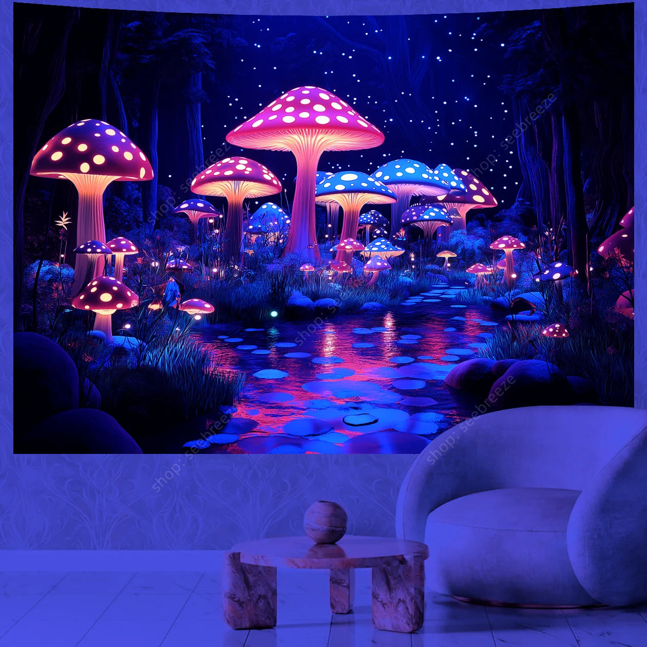 Fantasy Mushroom UV Reactive Tapestry Beautiful Floral Plant Tapestry Wall Hanging Gothic Home Wall Decor Room Decor Aesthetic
