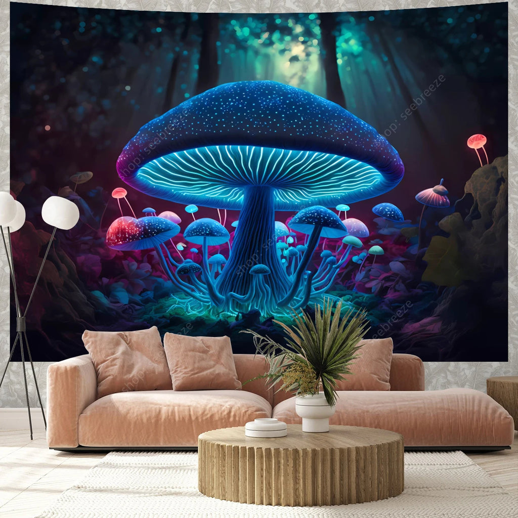 Fantasy Mushroom UV Reactive Tapestry Beautiful Floral Plant Tapestry Wall Hanging Gothic Home Wall Decor Room Decor Aesthetic