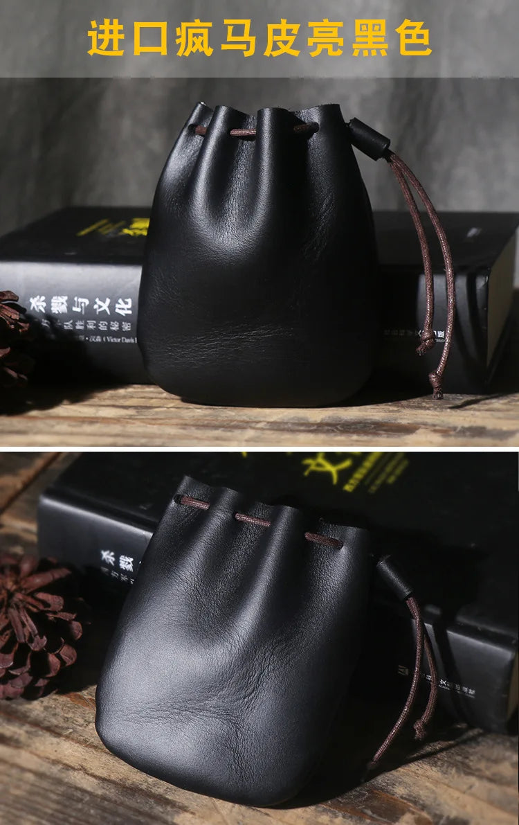 Drawstring Coin Storage Bag Handmade Genuine Leather Unisex Coin Purse Cow Leather Coins Money Pocket Retro Wallet Bags