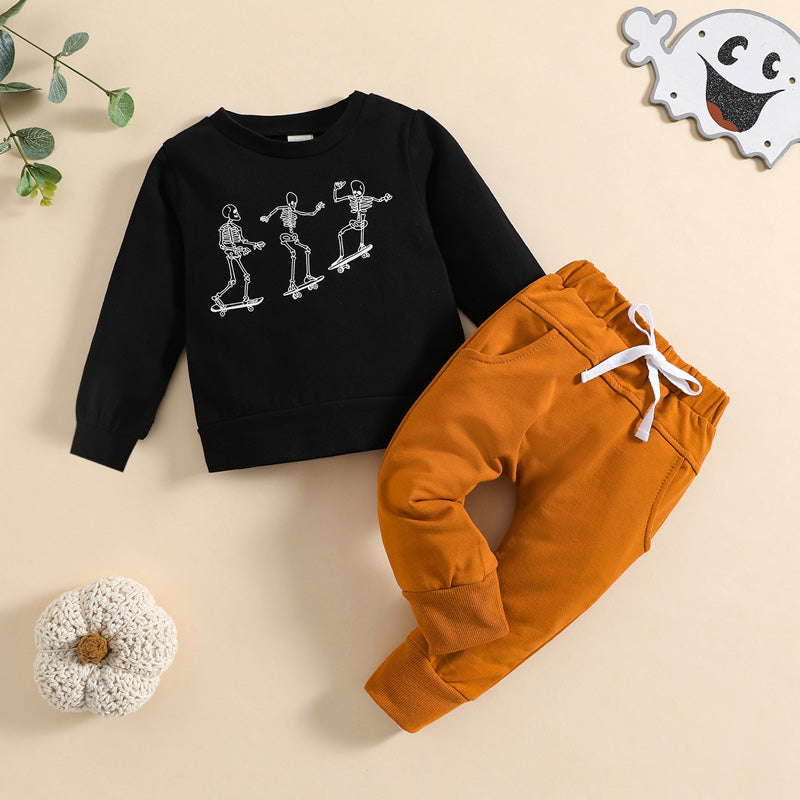 Toddler Boys Halloween Outfit Short Sleeve Round Neck Pumpkin Spider Print Tee with Jogger Pants and Hat Set