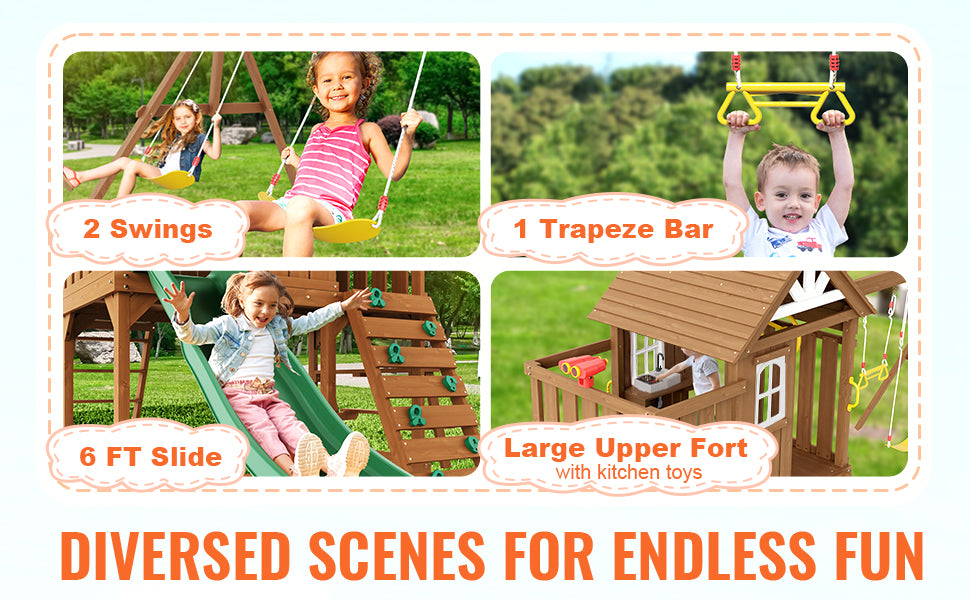 SucceBuy Wooden Swing Set 9/10 IN 1 Outdoor Playground Sets for Backyards 2 Swings Trapeze Bar 6 FT Slide Large Upper Fort