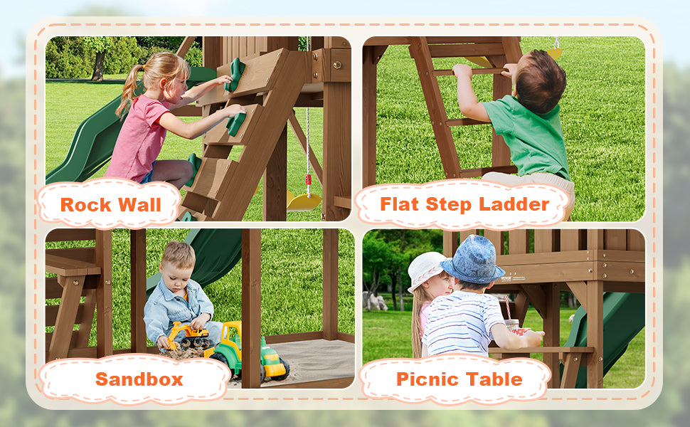 SucceBuy Wooden Swing Set 9/10 IN 1 Outdoor Playground Sets for Backyards 2 Swings Trapeze Bar 6 FT Slide Large Upper Fort